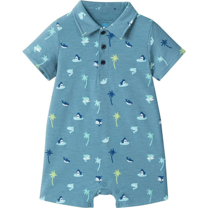 Infant Boys Blue Printed Baby Polo Romper | Blue Palm