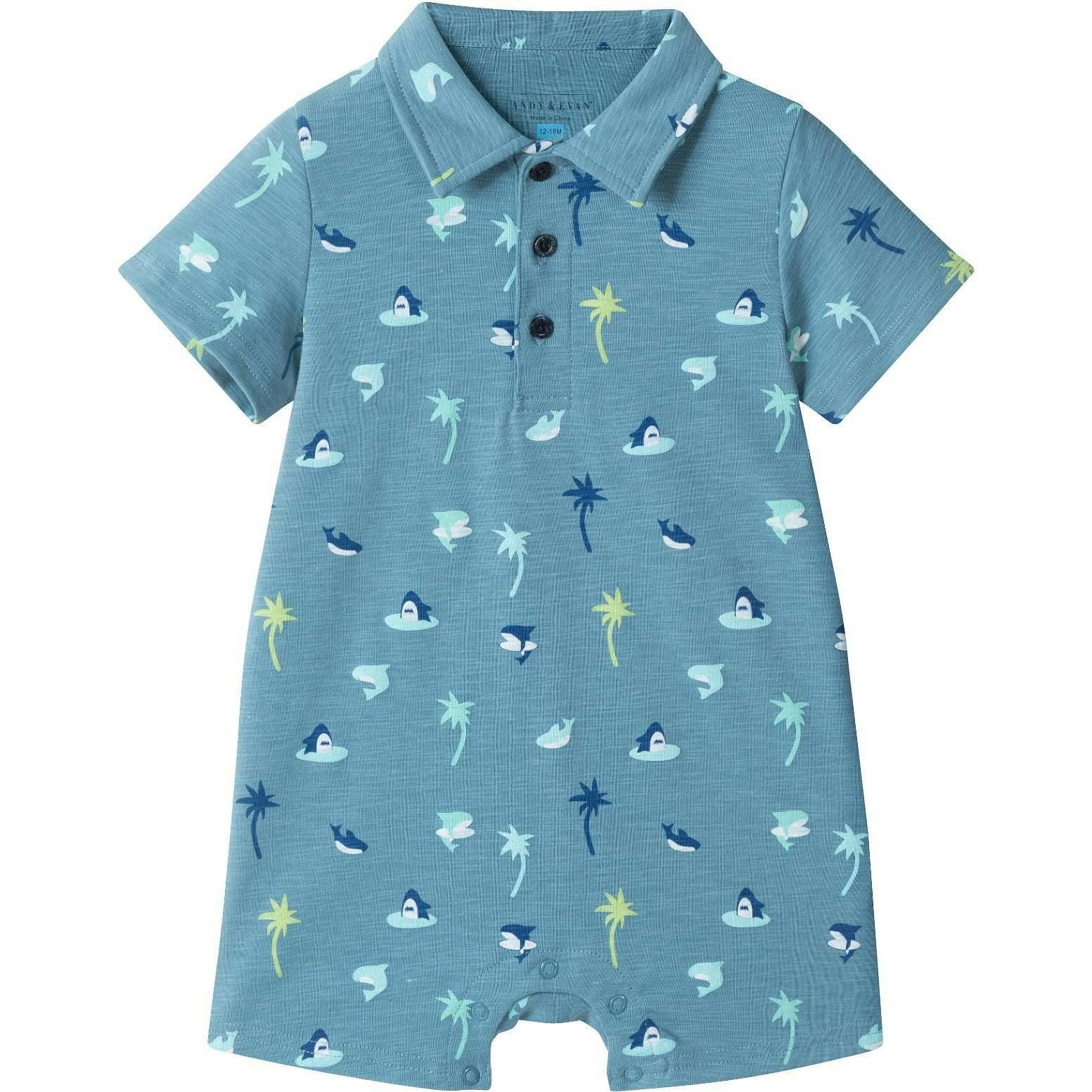 Infant Boys Blue Printed Baby Polo Romper | Blue Palm