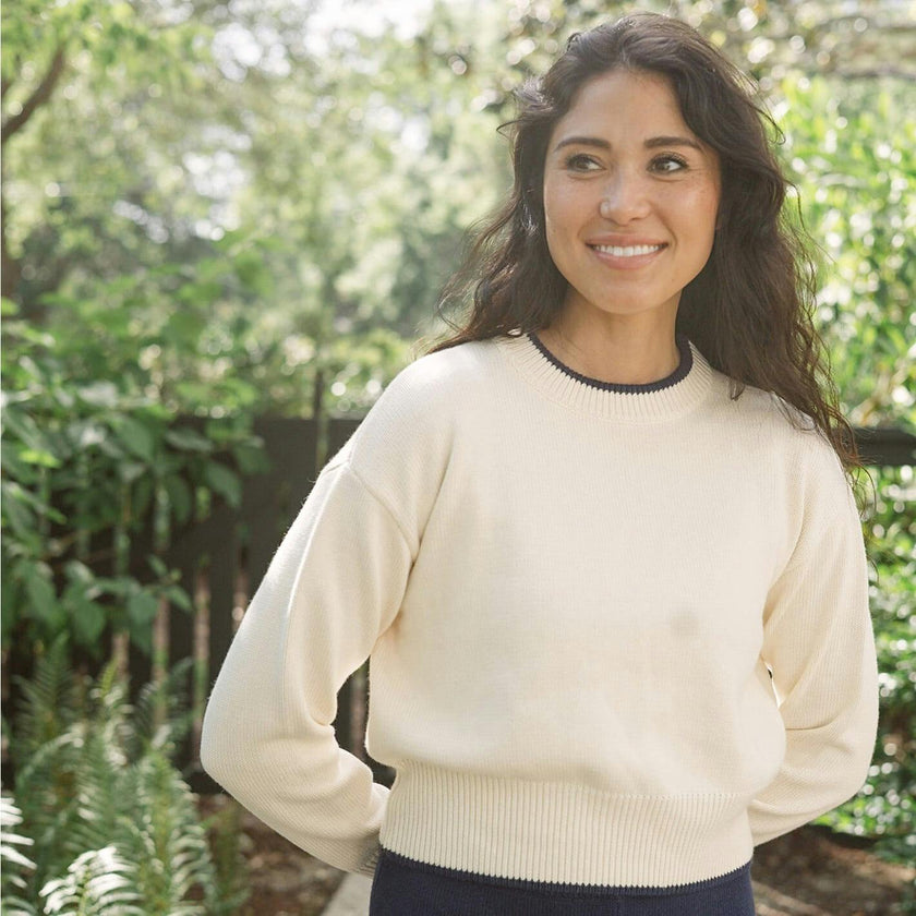Women's Cropped Cream Sweater With Navy Trim