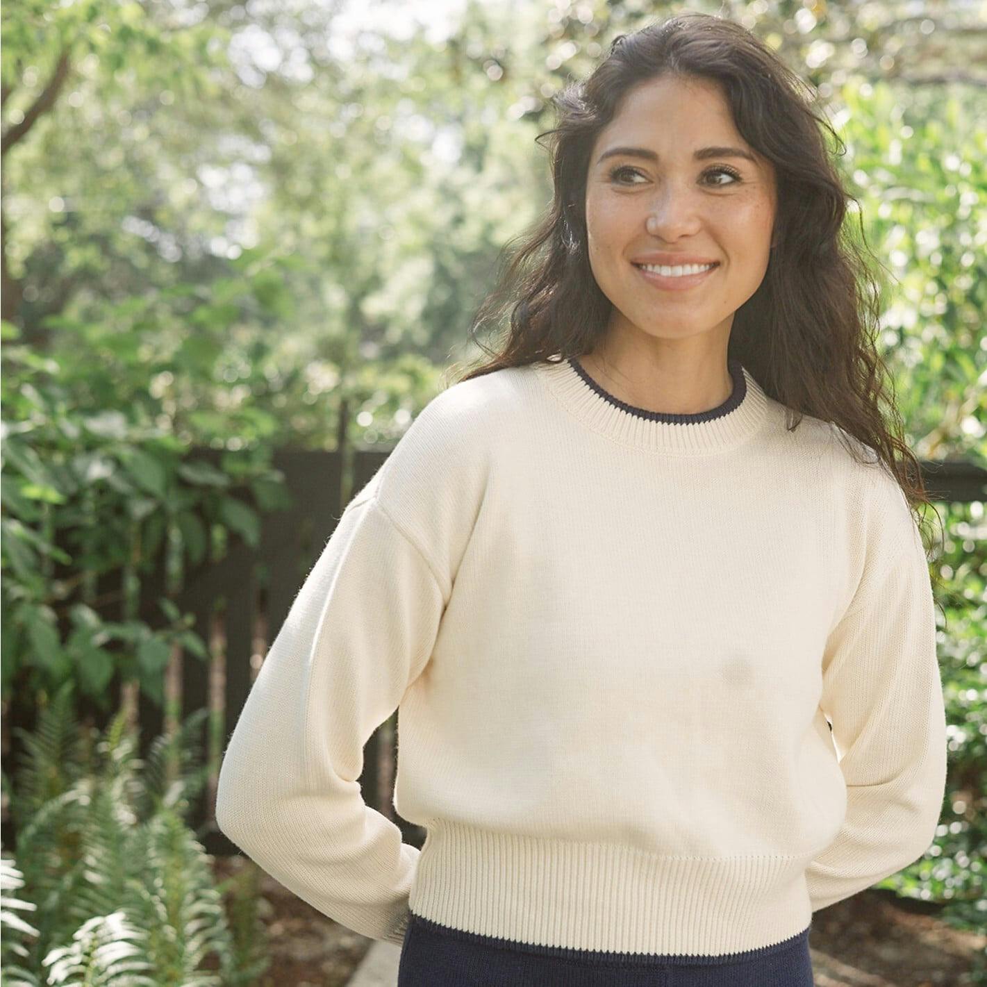 Women's Cropped Cream Sweater With Navy Trim