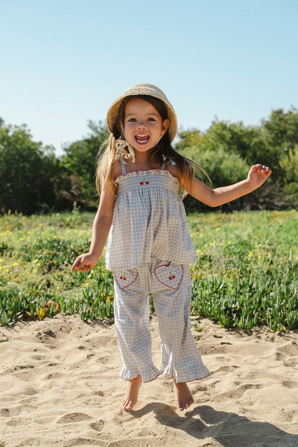 Ruffle Pant Set in Blue Gingham/Cherry
