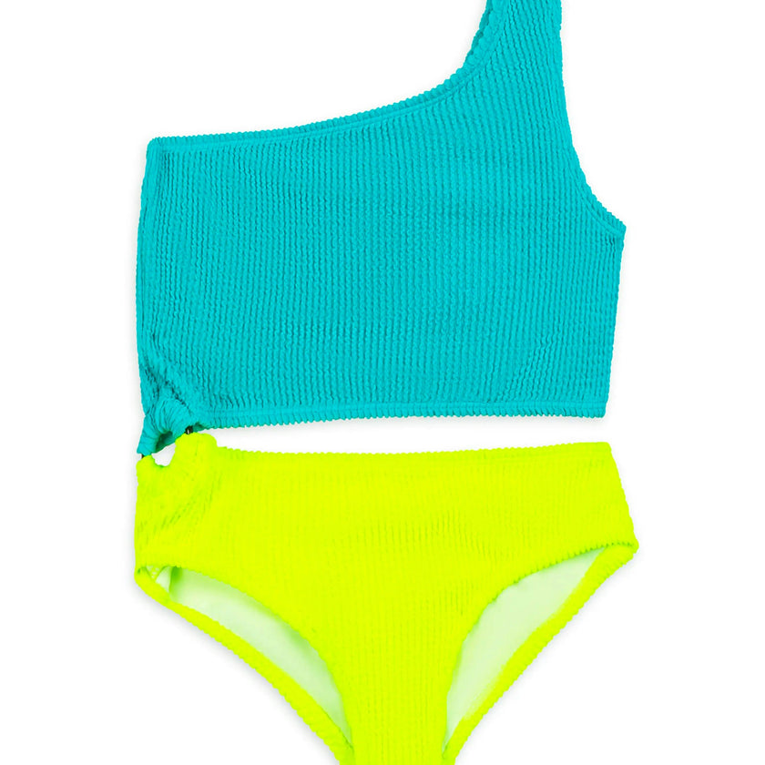 Dina Crinkle Side Cutout One Piece Swimsuit - Turquoise Citrus Lime