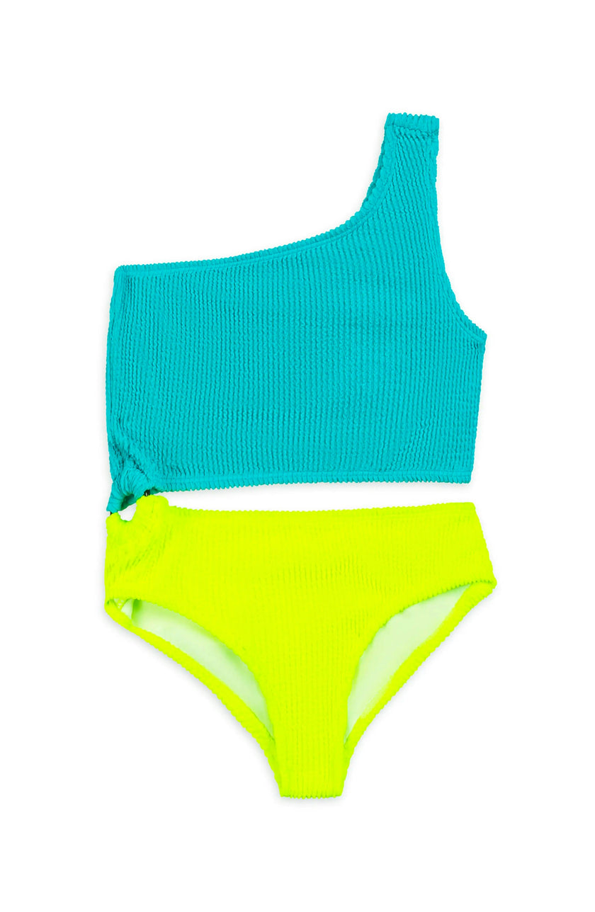 Dina Crinkle Side Cutout One Piece Swimsuit - Turquoise Citrus Lime