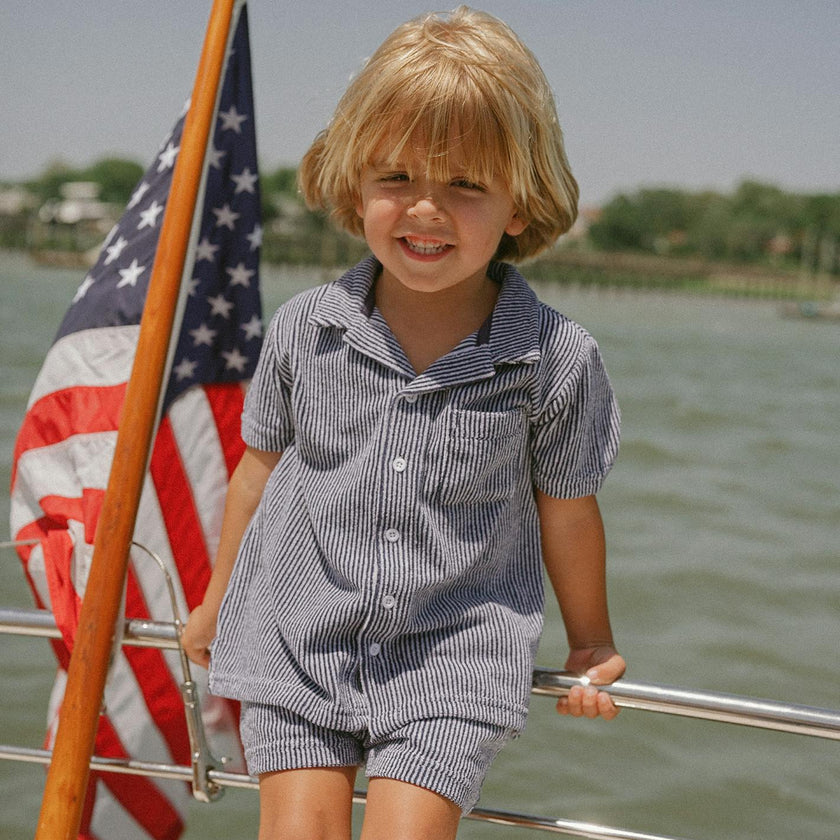 boys navy stripe french terry button up