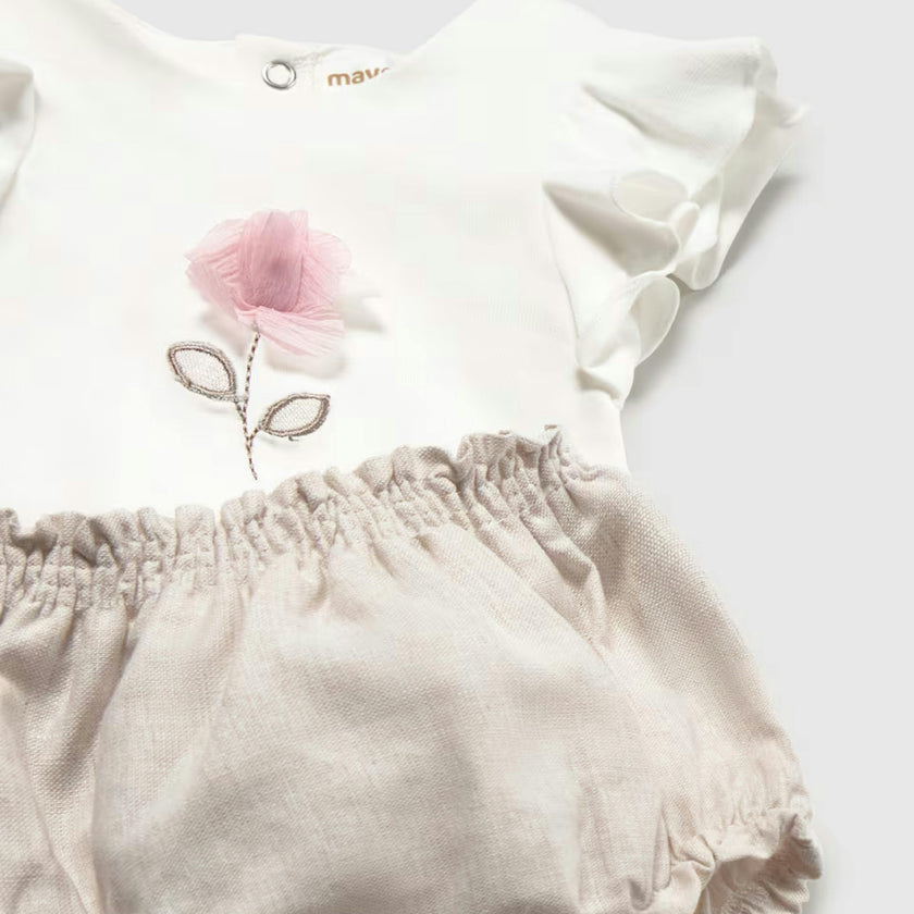 White and Beige Flower Short Set