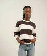 Womens Heavy Pima Rugby Pullover - Pima Cotton Jersey - Brown Bone Stripe