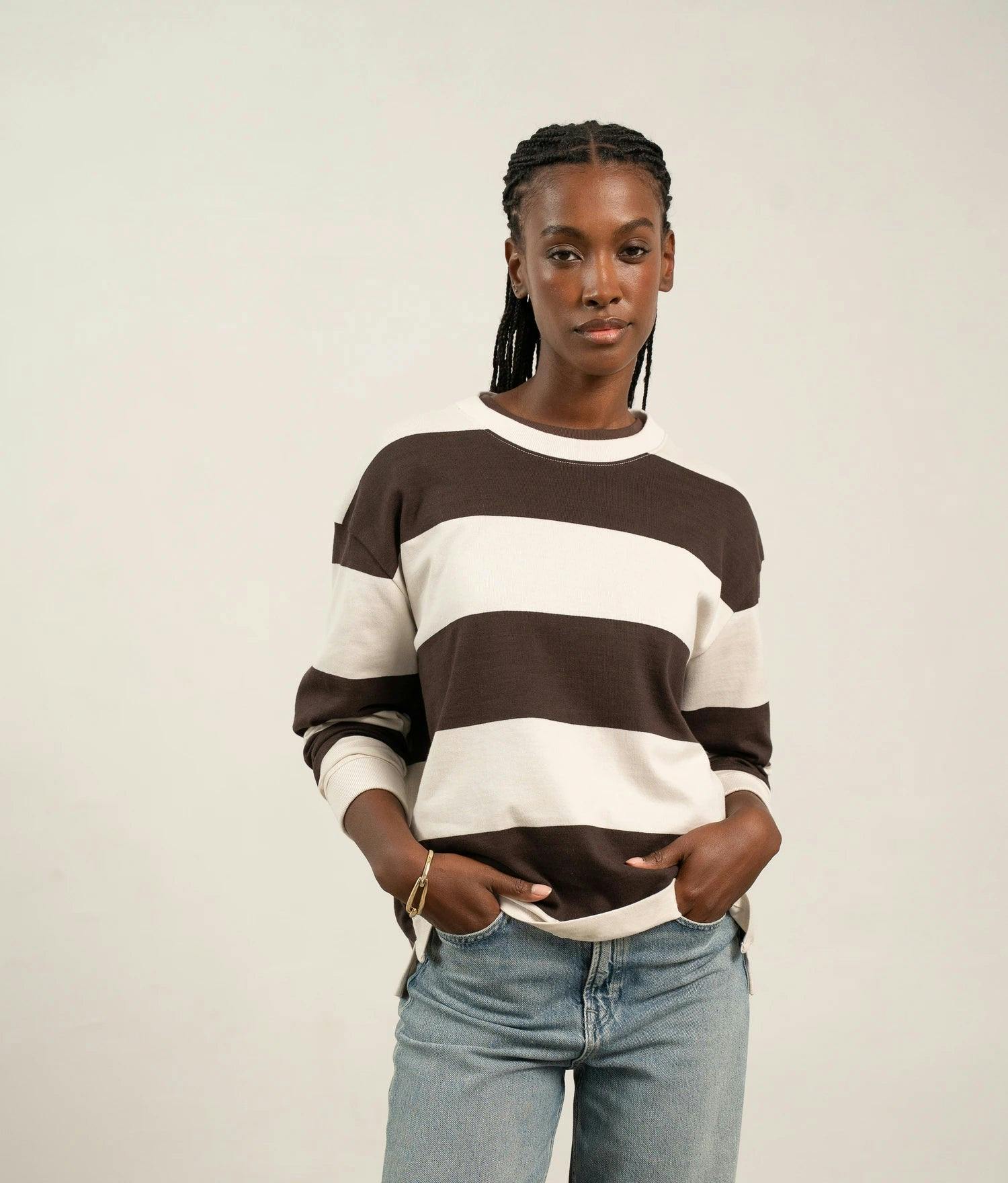 Womens Heavy Pima Rugby Pullover - Pima Cotton Jersey - Brown Bone Stripe