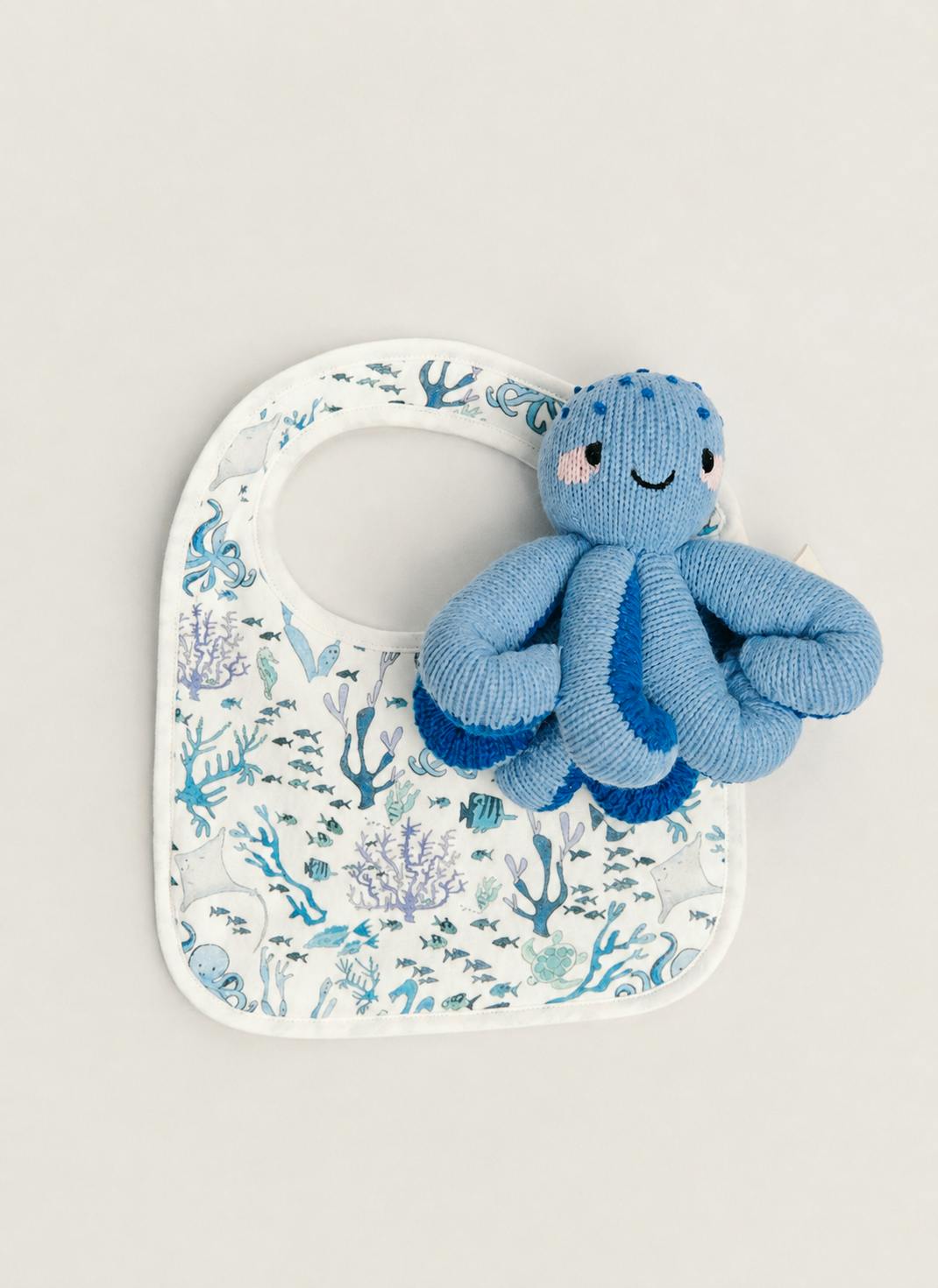Baby Classic Bib - Coral Reef and Indigo the Octopus - Knit Doll