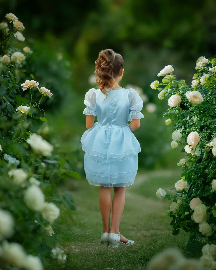 Sky Petal Princess Ruffle Blue Birthday Dress for Girls