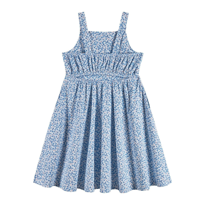 Tween Girls Floral Printed Dress W. Back Cutout | Blue Floral