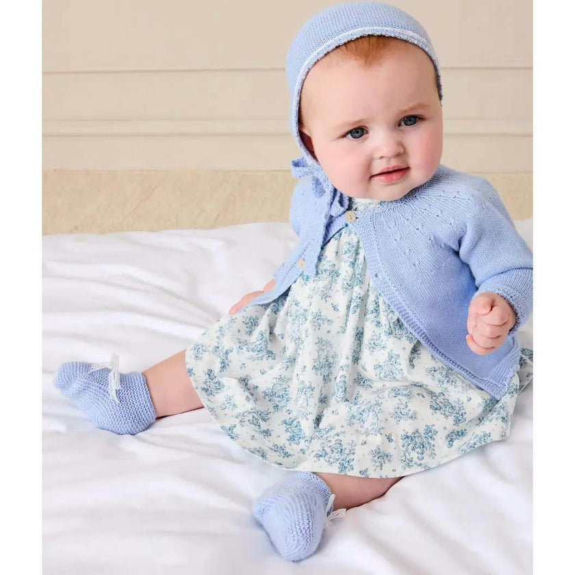 Audrey Toile Capped Sleeve Hand Smocked Dress with Bloomers in Blue (3-12mths)