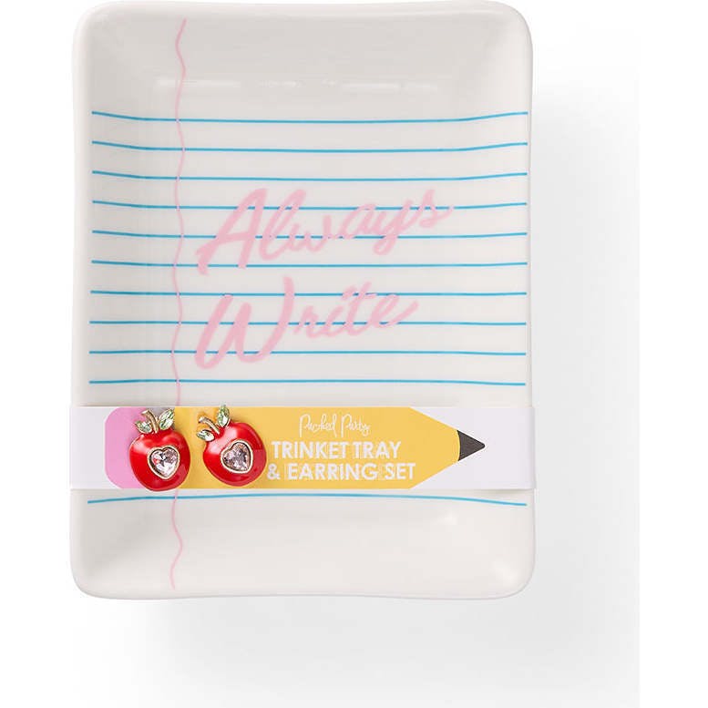 Packed Party Always Write Teacher Trinket Tray and Apple Earring Set – Ceramic Notebook Paper Tray with Red Enamel Apple Stud Earrings, 4.33x5.5 Inch