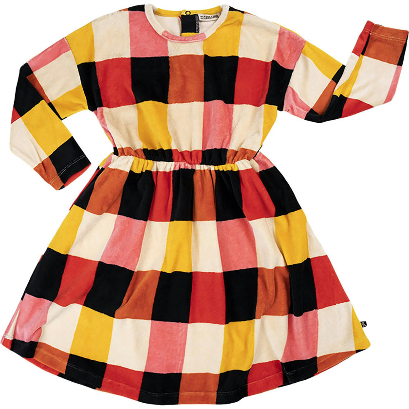 Checkered Pattern Velvet Peplum Round Neck Long Sleeve Dress