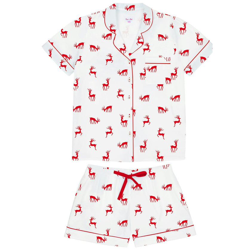 Women's Reindeer Red Short PJ Set - Organic Cotton Poplin