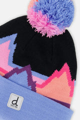 Winter Knit Hat With Pompom Black Printed Mountains