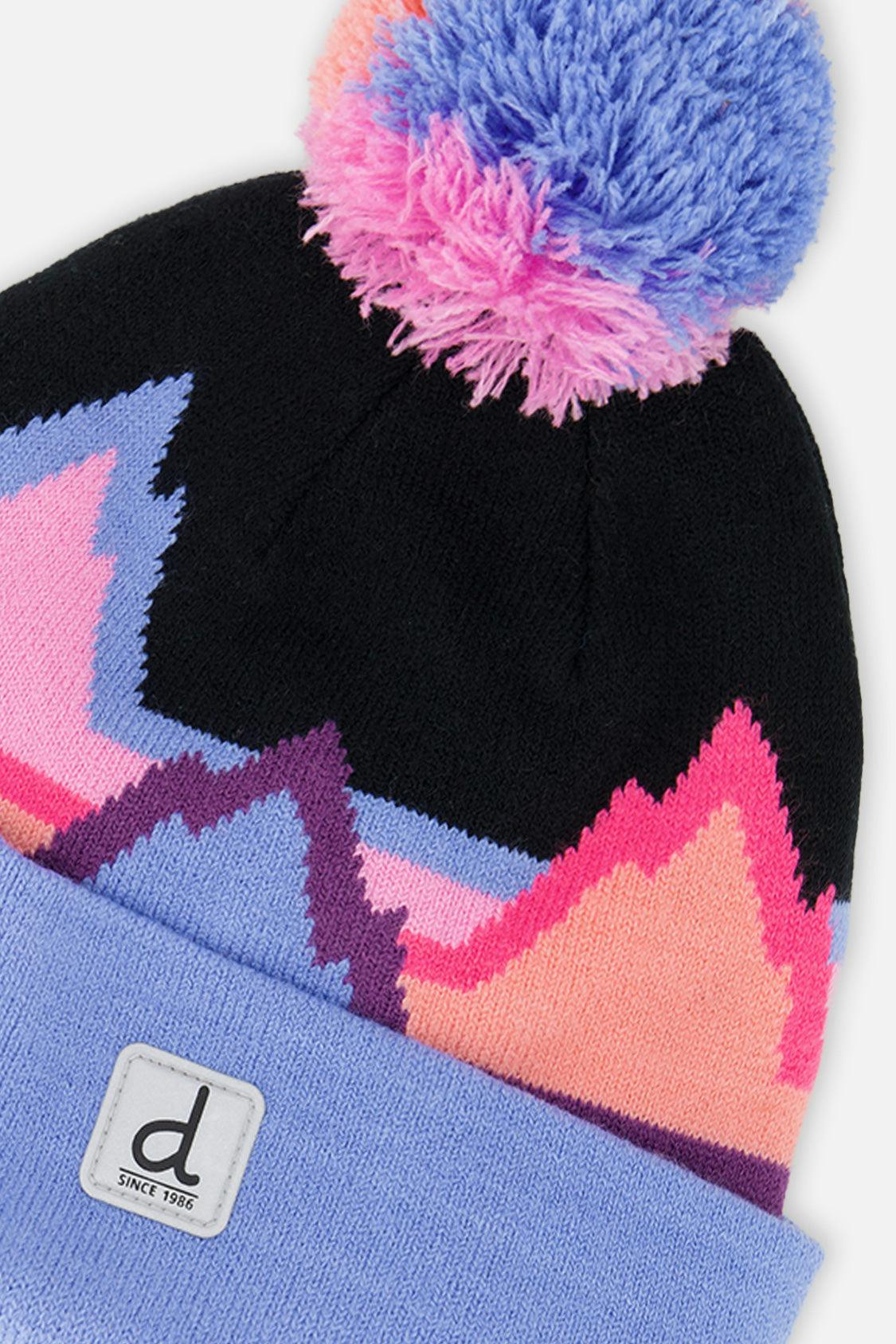 Winter Knit Hat With Pompom Black Printed Mountains