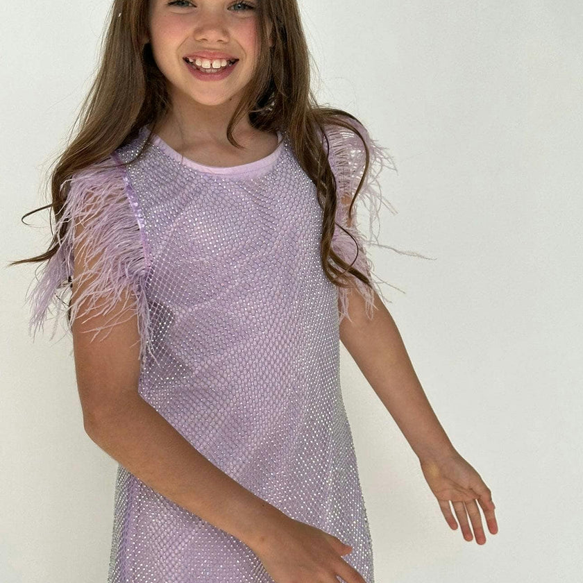 Crystal Feather Trim Sleeve Shimmer Sequin Dress