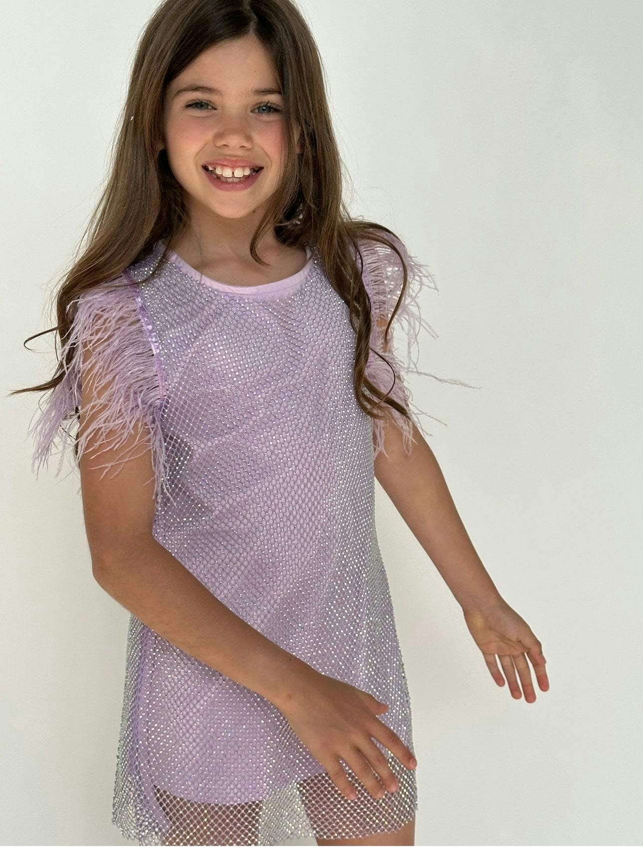 Crystal Feather Trim Sleeve Shimmer Sequin Dress