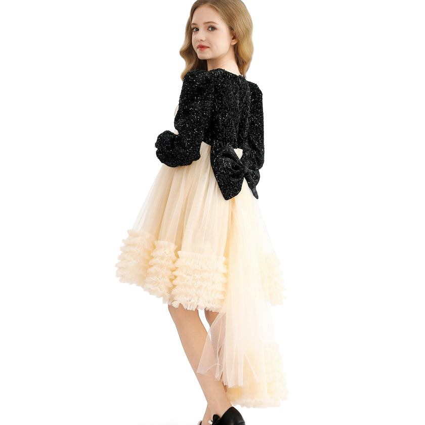 Black Glitter Bow-Back Tulle Gown