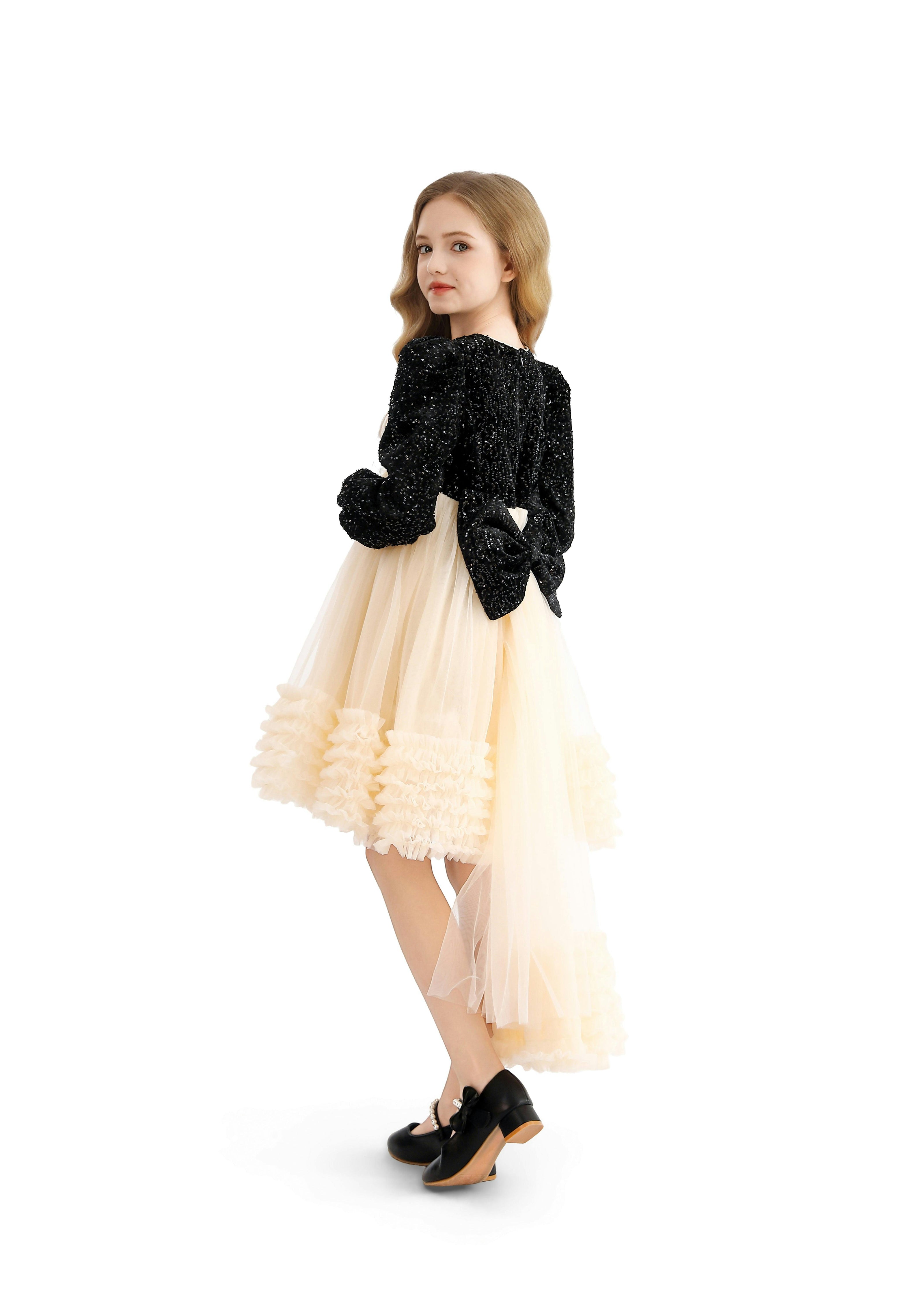 Black Glitter Bow-Back Tulle Gown