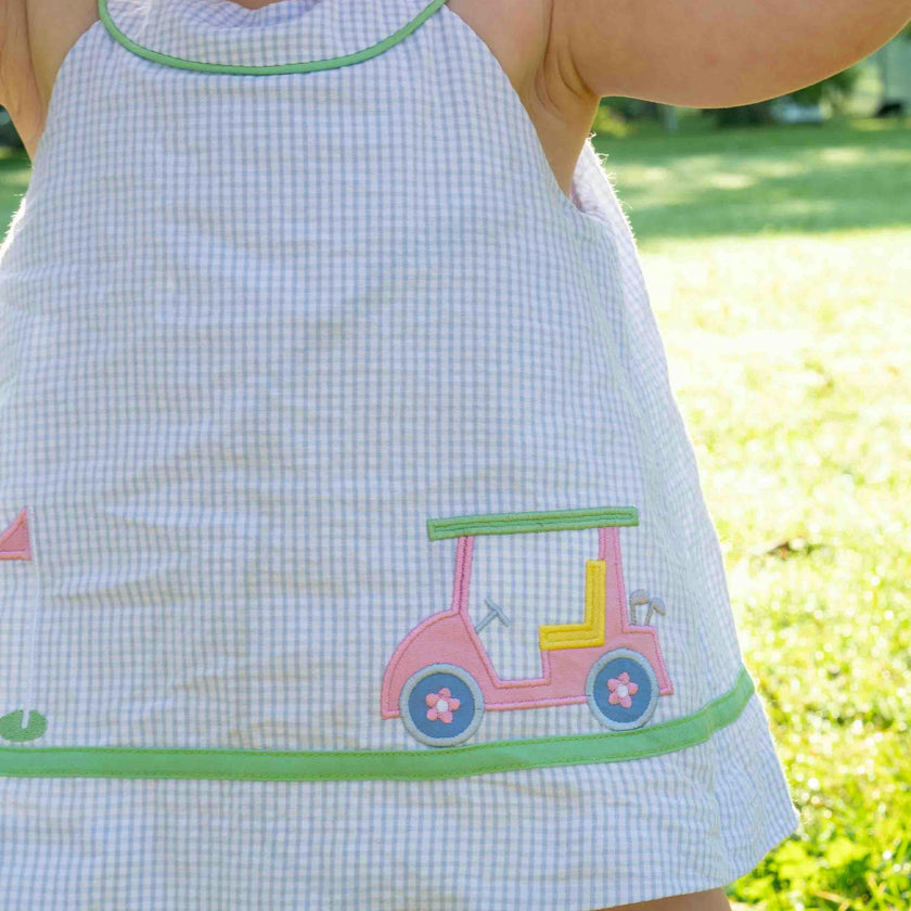 Check Seersucker Skirted Romper with Golf Cart