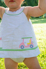 Check Seersucker Skirted Romper with Golf Cart