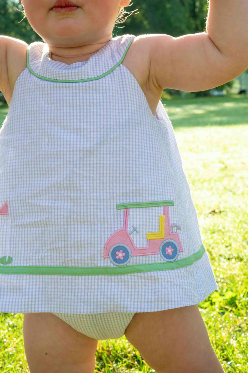Check Seersucker Skirted Romper with Golf Cart