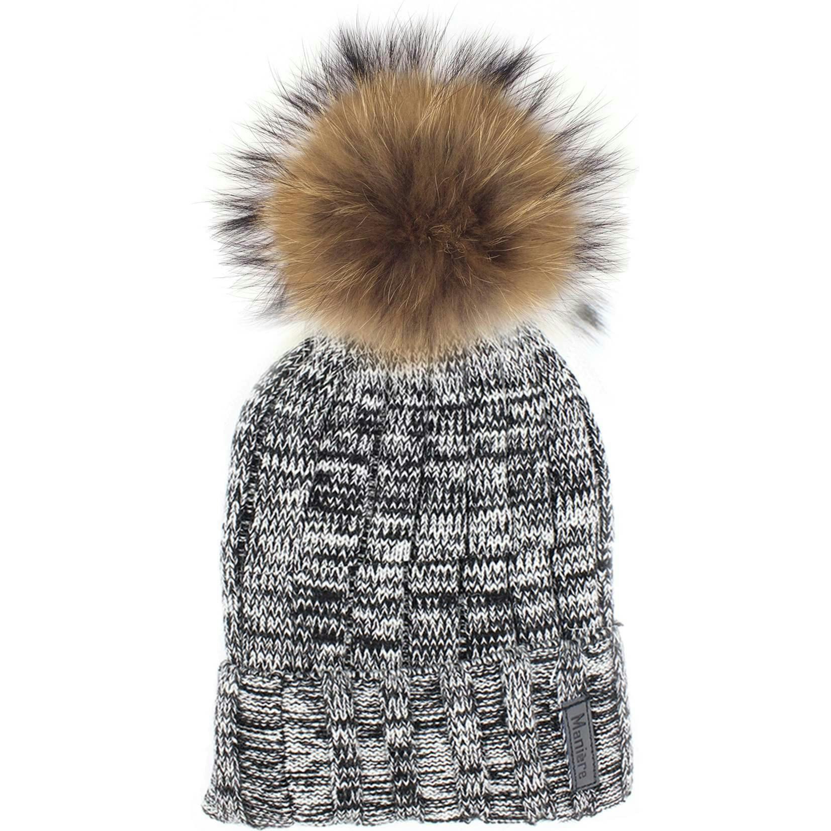 Ribbed Merino Wool Faux Fur Pom Pom Hat