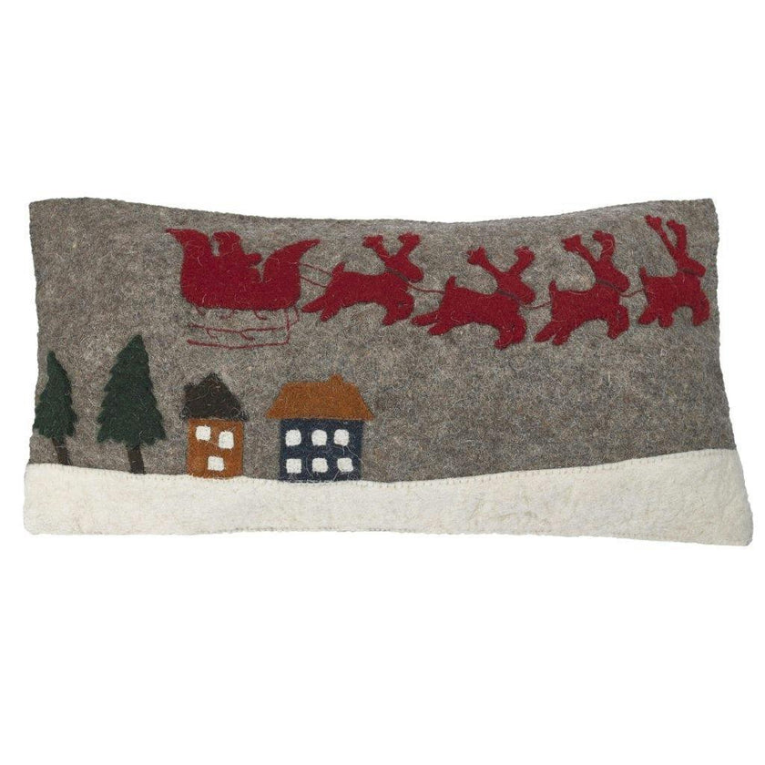 Hand Felted Wool Christmas Pillow Cover, Sleigh Villageâ 12"x24"