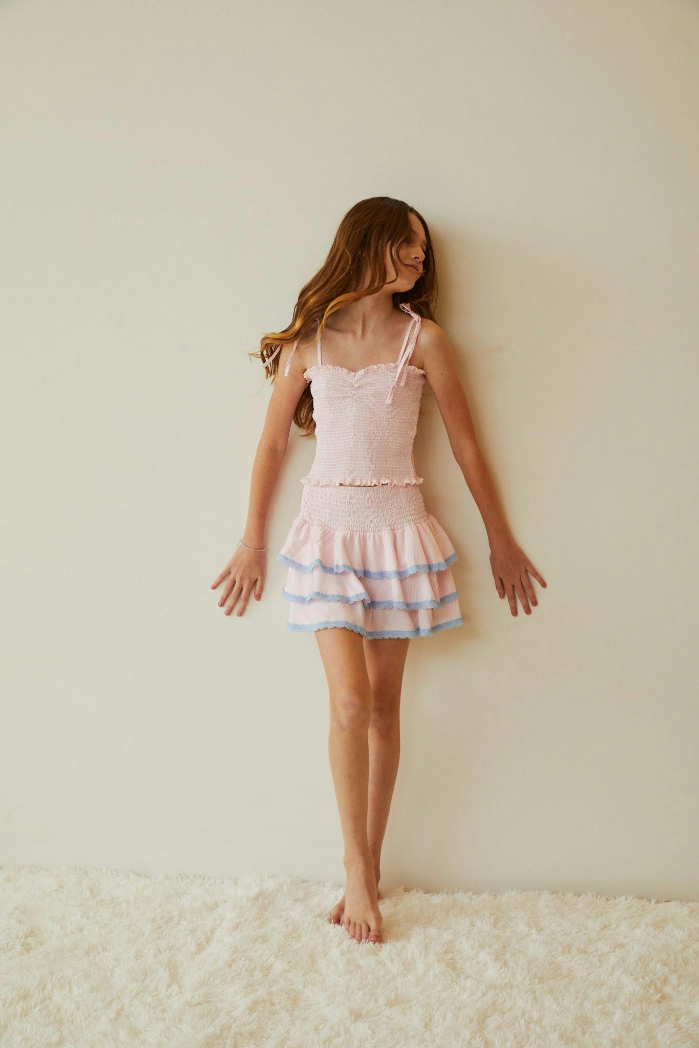 Gemma Pastel Pink Pin Strips Satin Mini Skirt