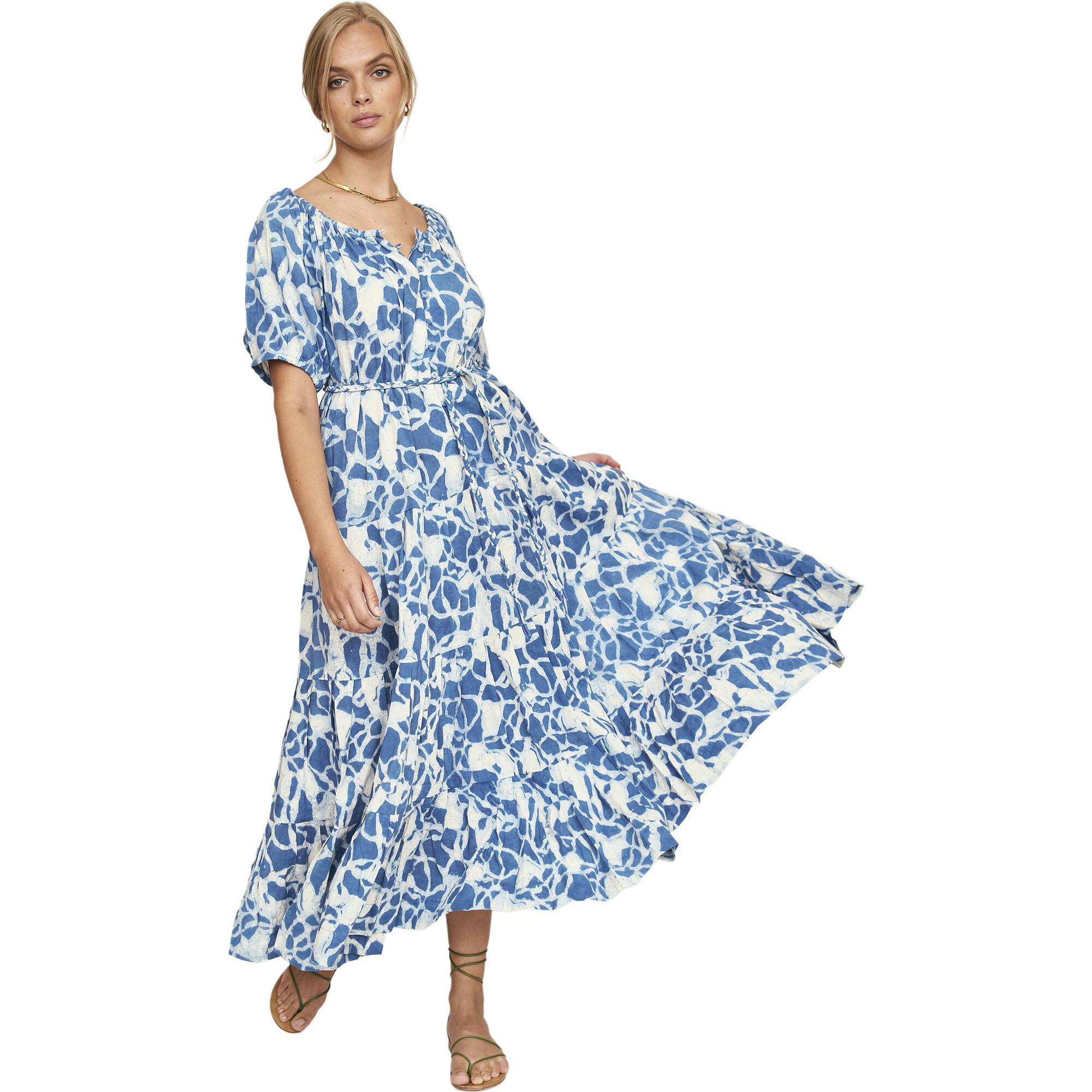 Women's Capri Elastic Bubble Sleeve Tiered Maxi Dress, Blue
