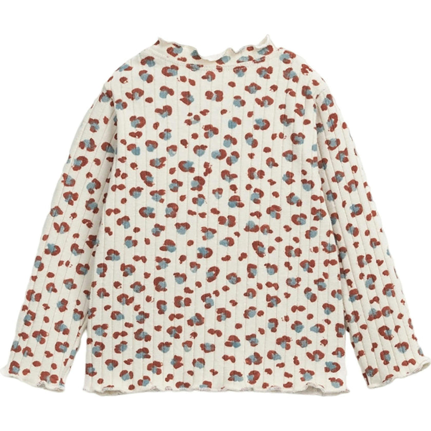 Floral Spot Print Ruffle Collar Long Sleeve 2-Button Shoulder T-Shirt