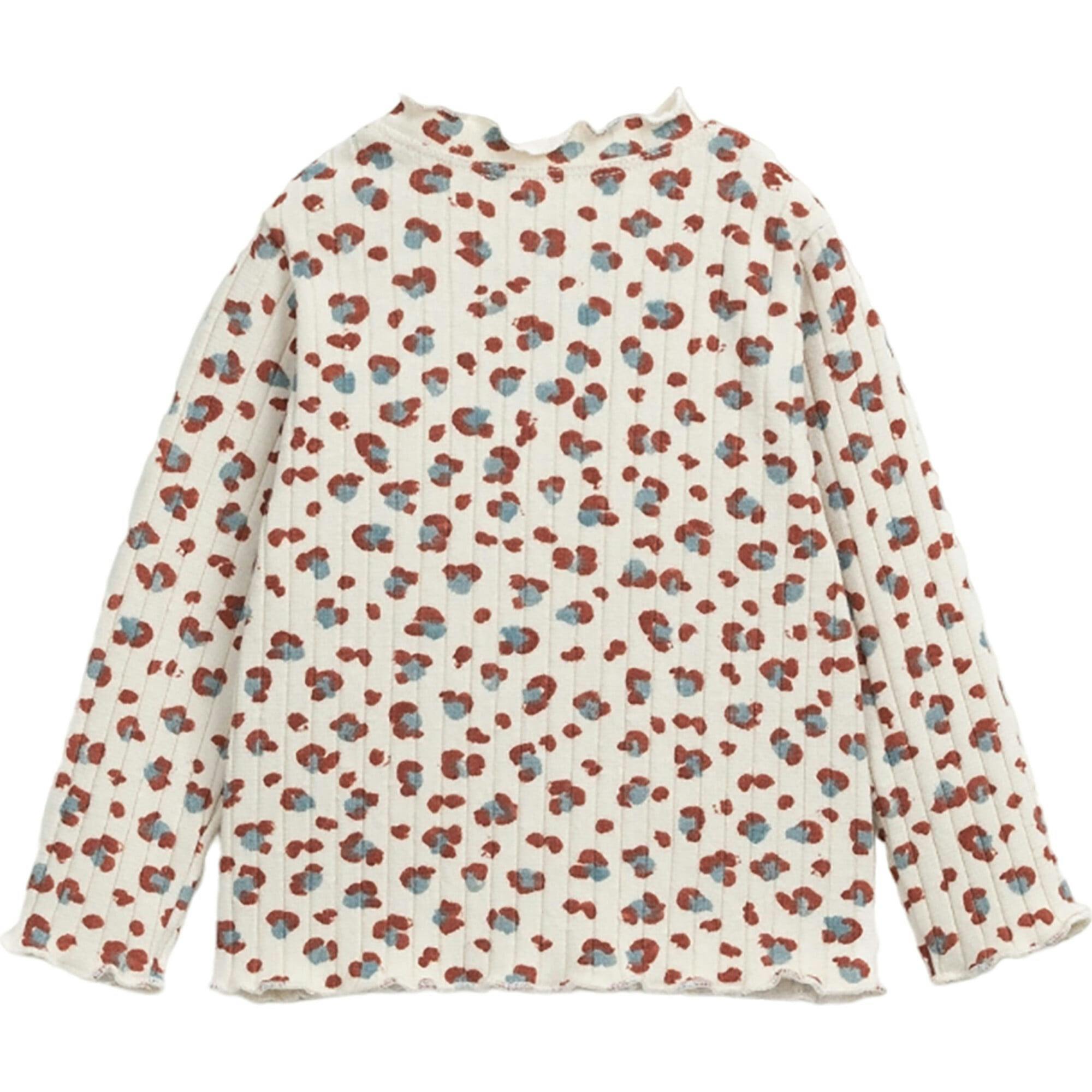 Floral Spot Print Ruffle Collar Long Sleeve 2-Button Shoulder T-Shirt