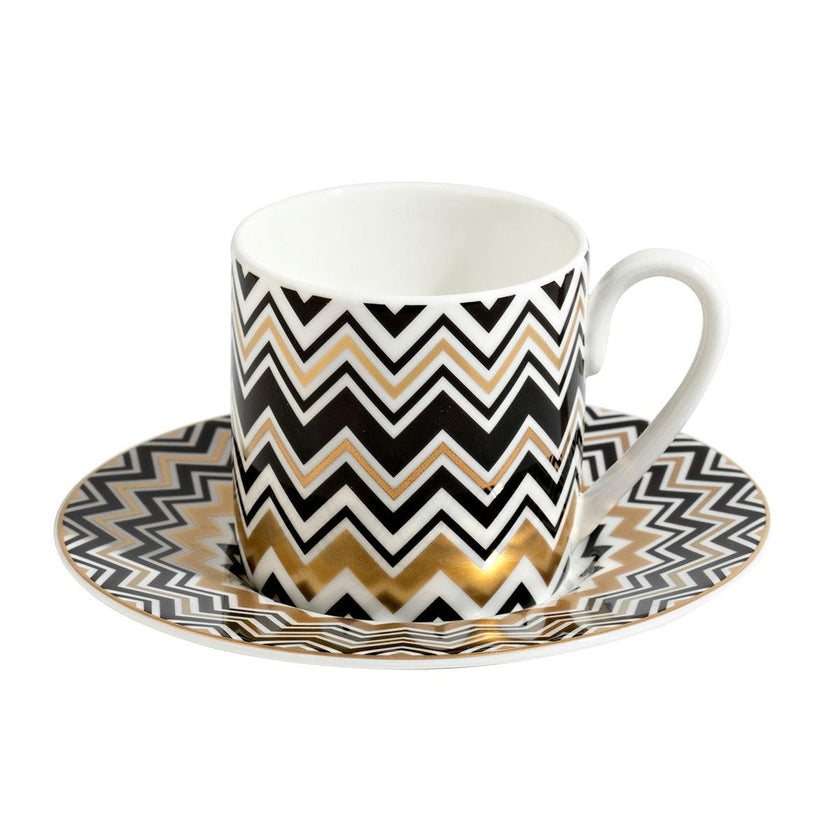 Coffee Cup & Saucer ZIG ZAG Set of 2 in Luxury Box Gold diam. 2.3", H 2.5", Cap. 4 oz, Saucer diam. 4.75"