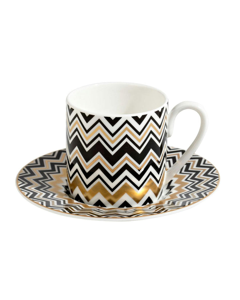 Coffee Cup & Saucer ZIG ZAG Set of 2 in Luxury Box Gold diam. 2.3", H 2.5", Cap. 4 oz, Saucer diam. 4.75"
