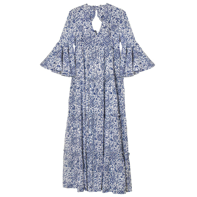 Block Printed Women's Dress - Blue Floral