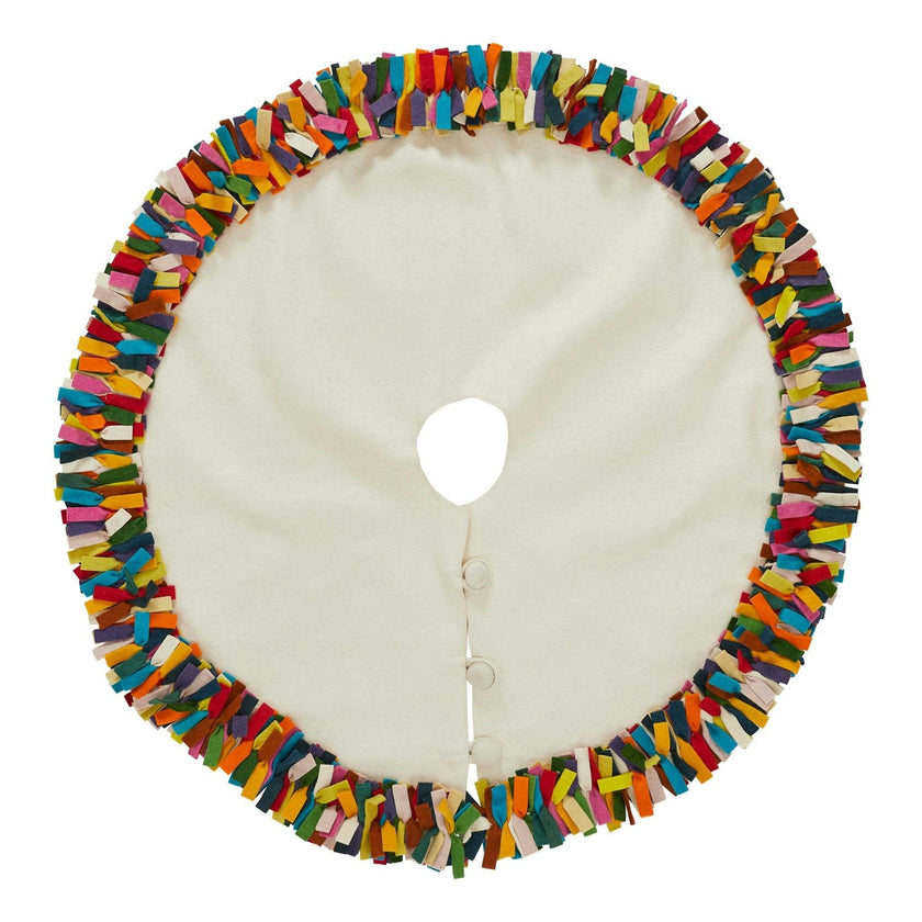 Handmade Felt Multicolor Fringe Border Cream Christmas Tree Skirt - 51" / 72"