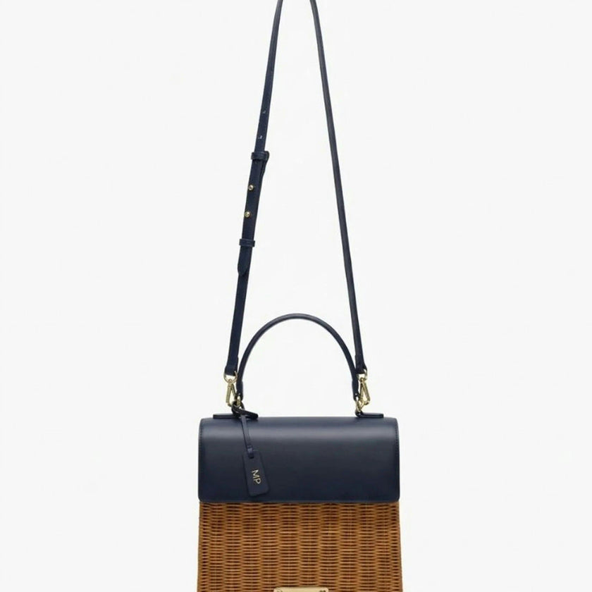 Medium Insulated Hand-Woven Wicker Lunchbox, Natural & Navy