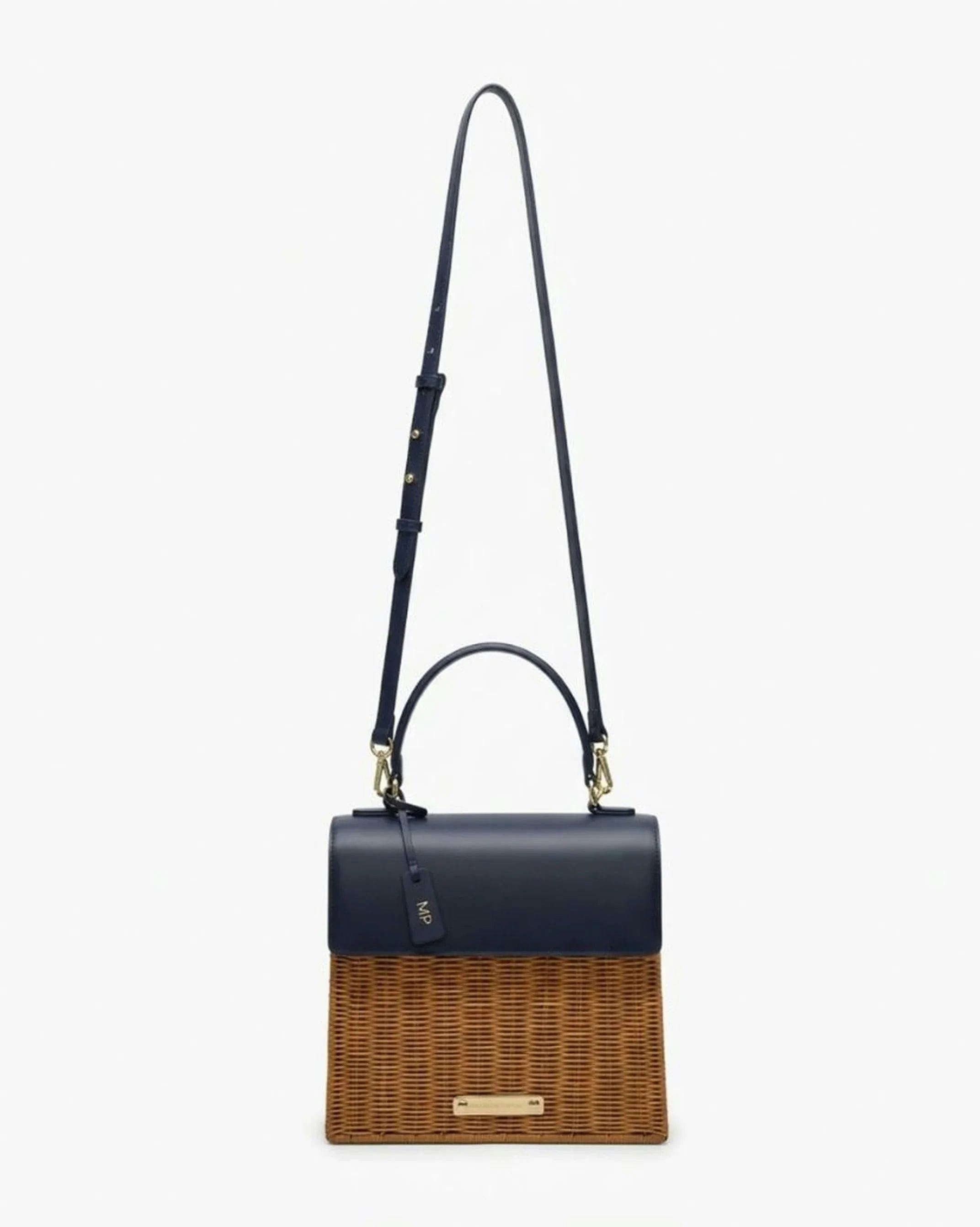 Medium Insulated Hand-Woven Wicker Lunchbox, Natural & Navy
