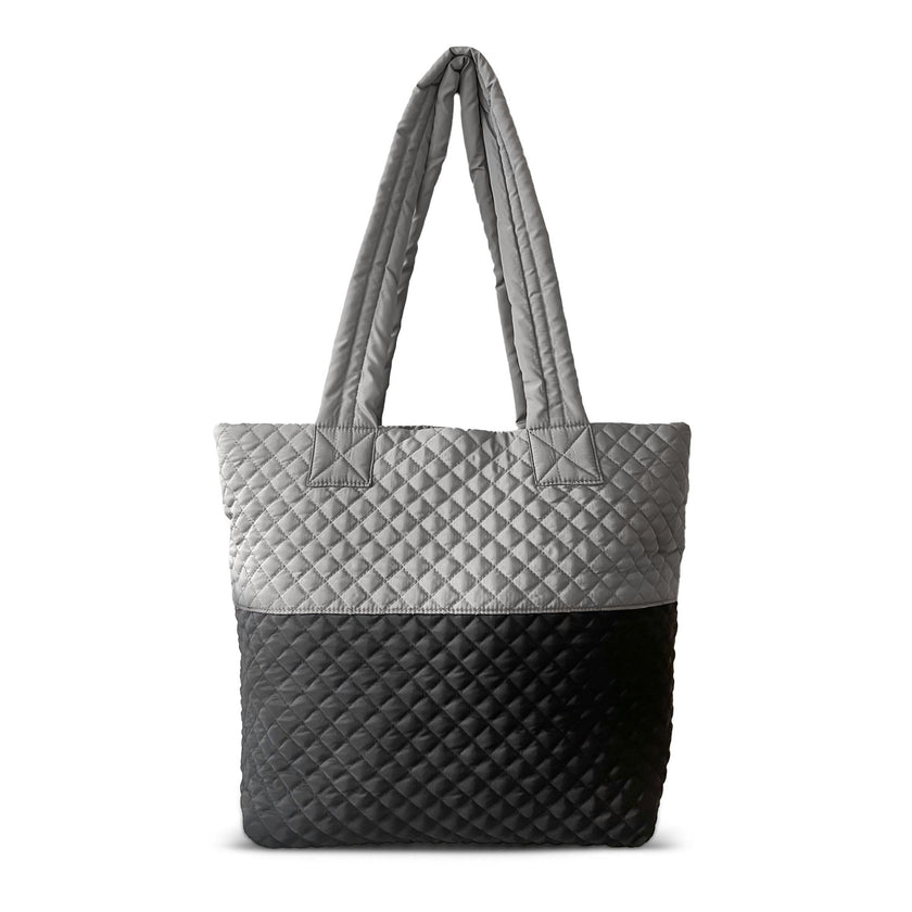 Newport Two-Tone Quilted Tote Bag with Zipper Closure - Light Grey/Black