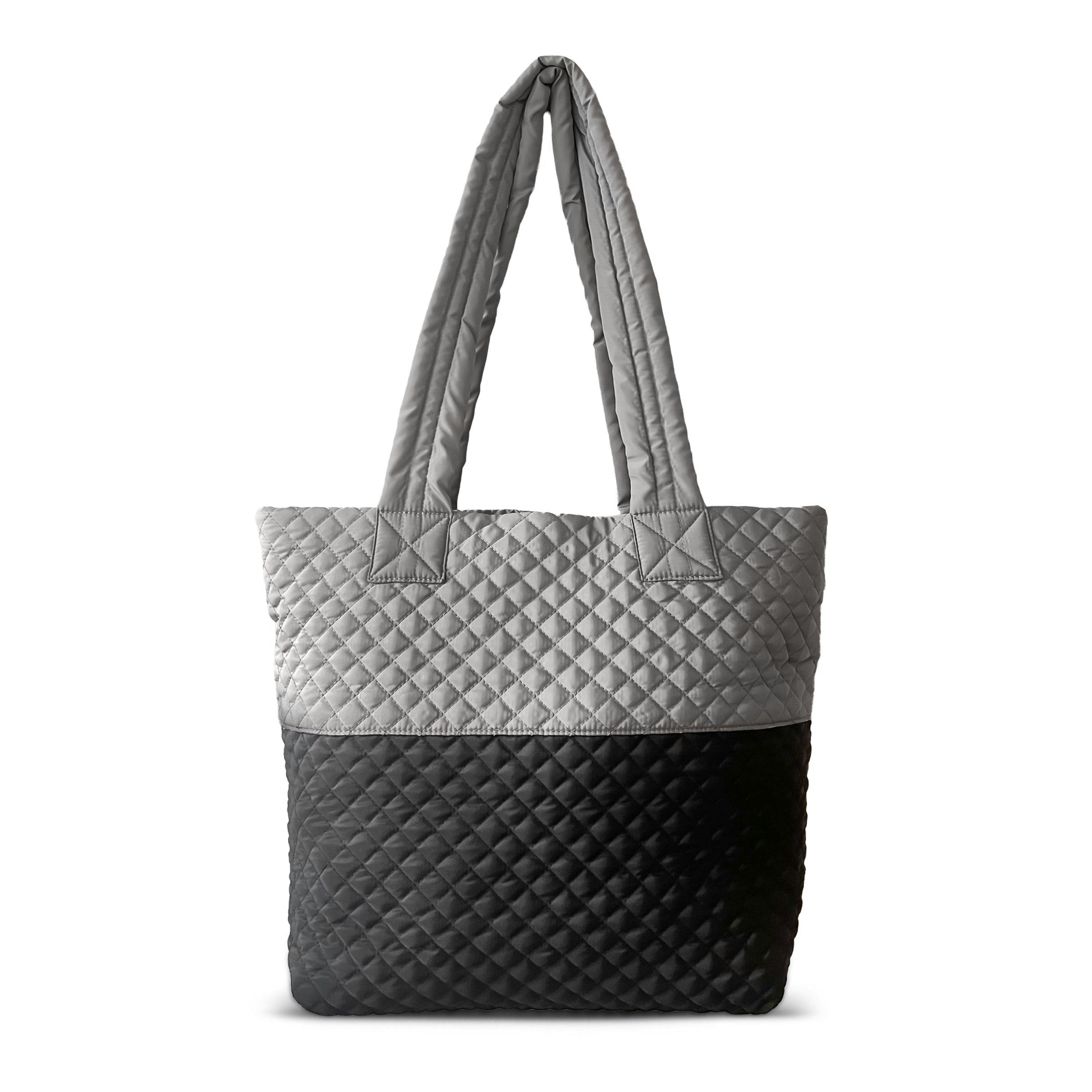Newport Two-Tone Quilted Tote Bag with Zipper Closure - Light Grey/Black