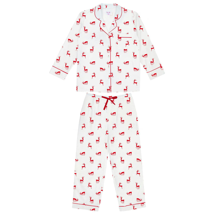 Women's Reindeer Red Long PJ Set - Organic Cotton Poplin