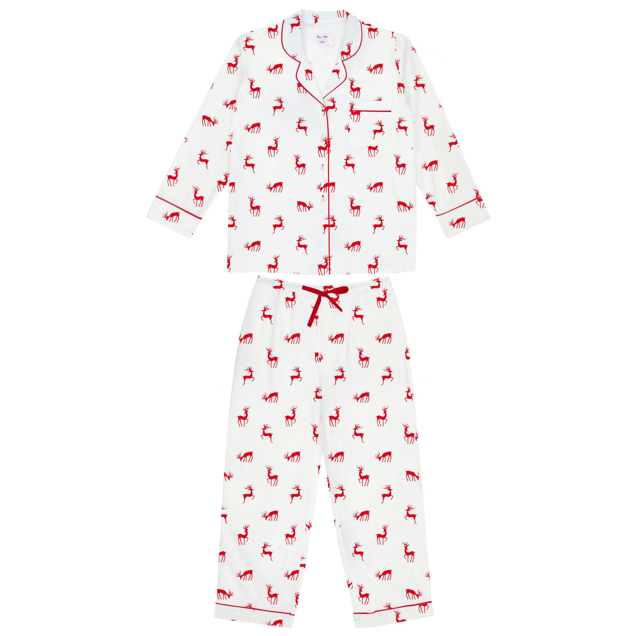 Women's Reindeer Red Long PJ Set - Organic Cotton Poplin