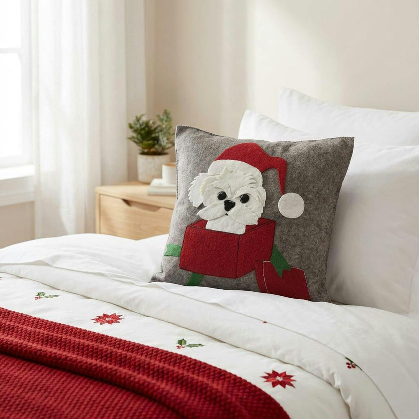 Hand Felted Wool Christmas Pillow - Dog Box - 20"