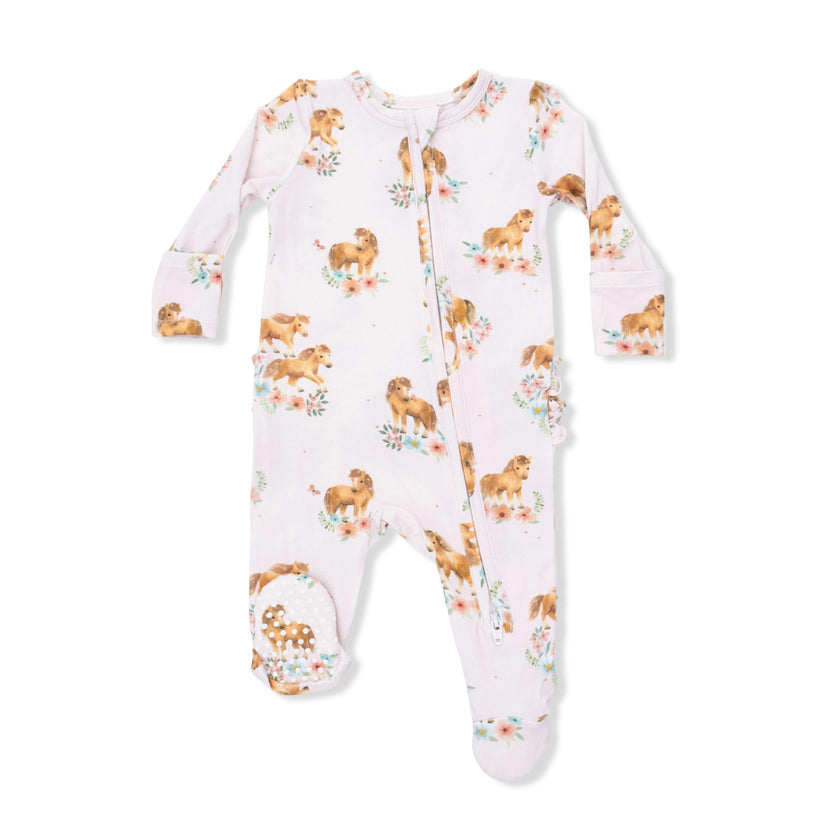 Pink Ponies - 2 Way Ruffle Back Zipper Footie