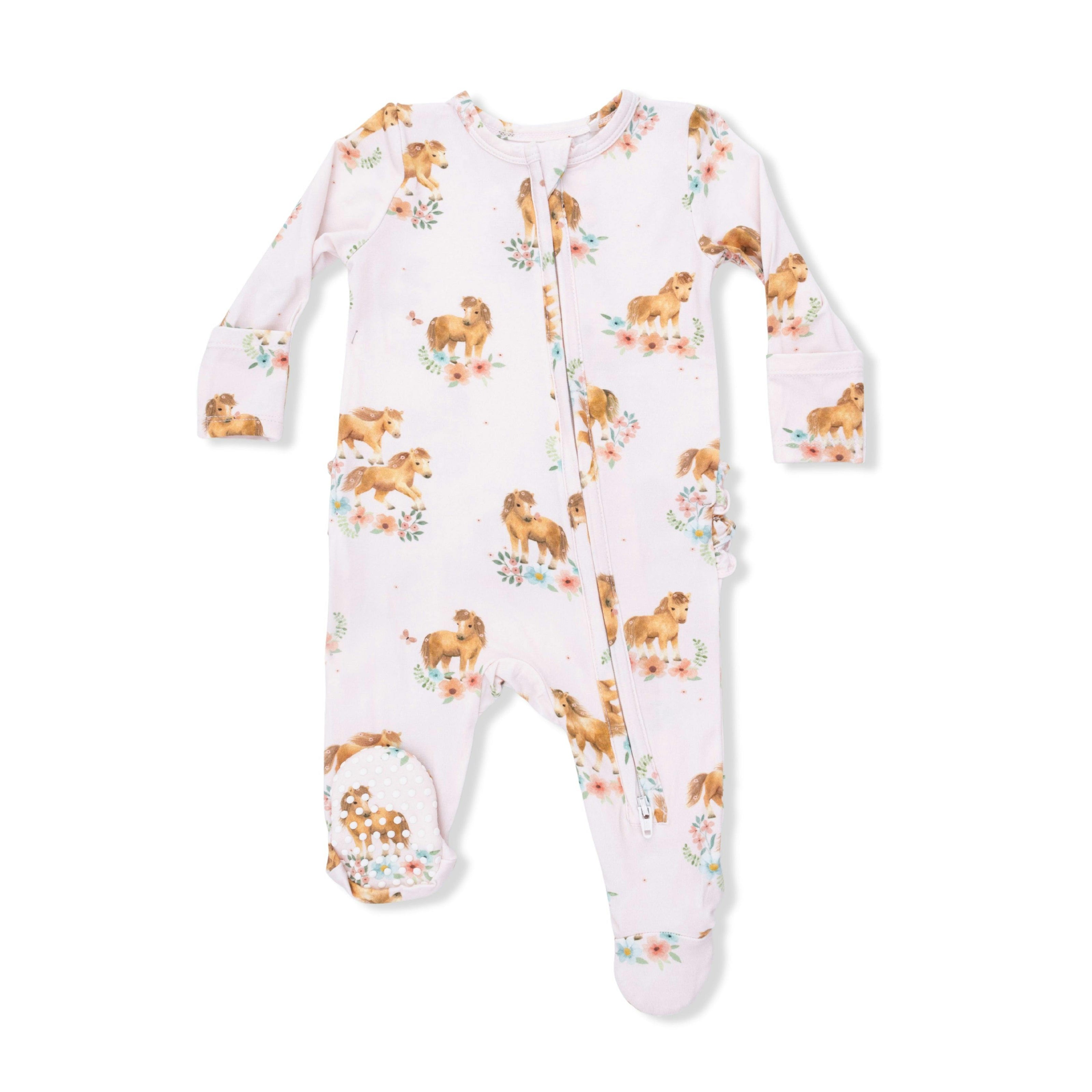 Pink Ponies - 2 Way Ruffle Back Zipper Footie