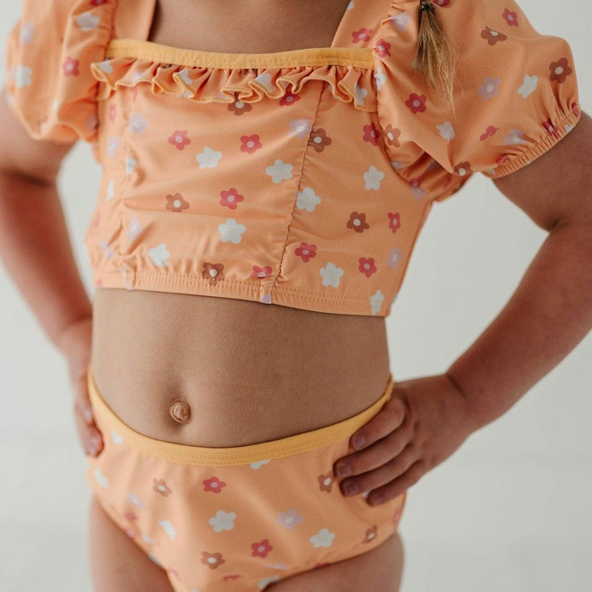 Girls Puff Sleeve Two-Piece Swimsuit in Desert Mist Blooms