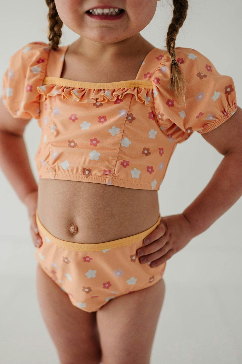 Girls Puff Sleeve Two-Piece Swimsuit in Desert Mist Blooms