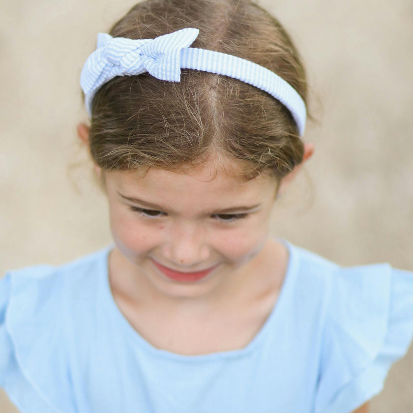 Seersucker Bow Headband in Blue/White