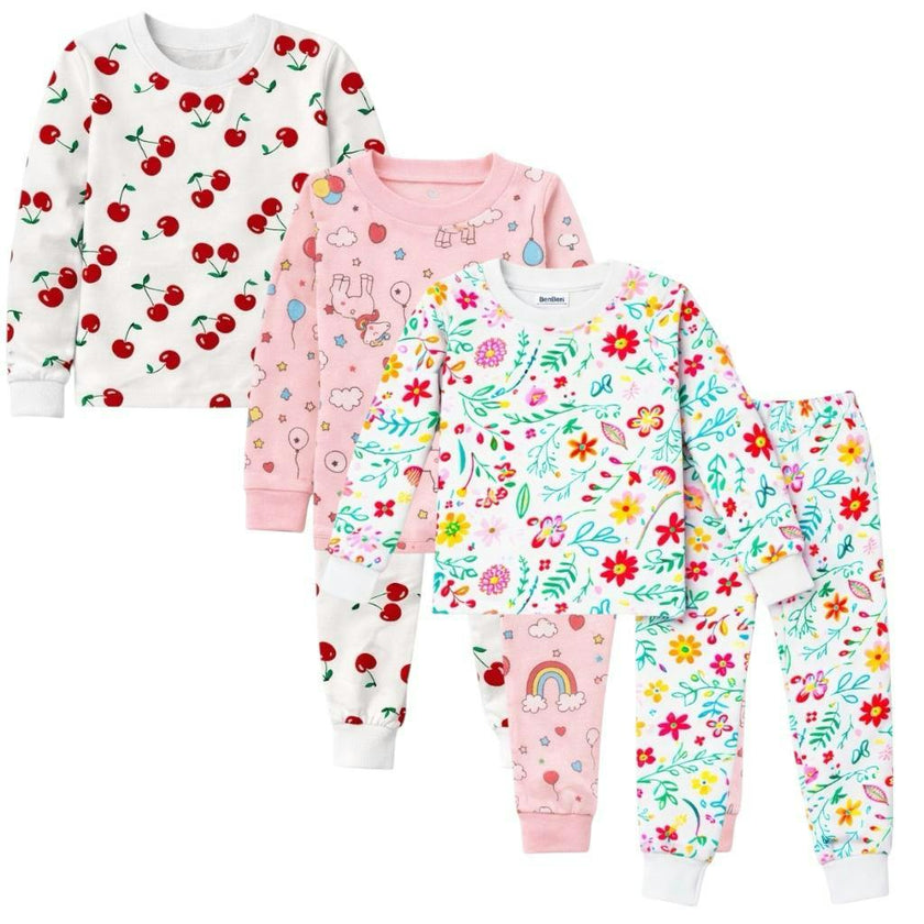 Kids and Toddlers 3 Pack Girls Flowers/Rainbows/Cherries Long Sleeve Snug Fitted Pajamas